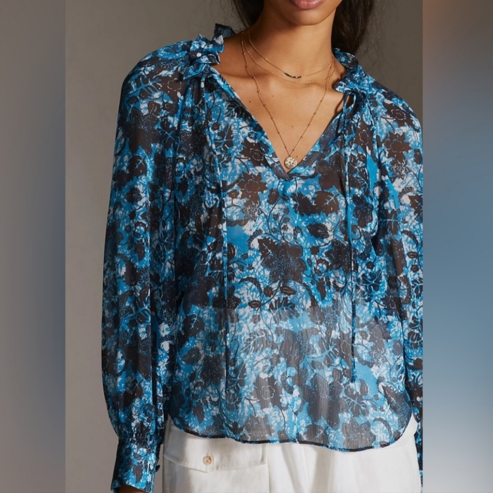 Anthropologie Sheer Blue Printed Peasant Blouse Ruffle V-neck